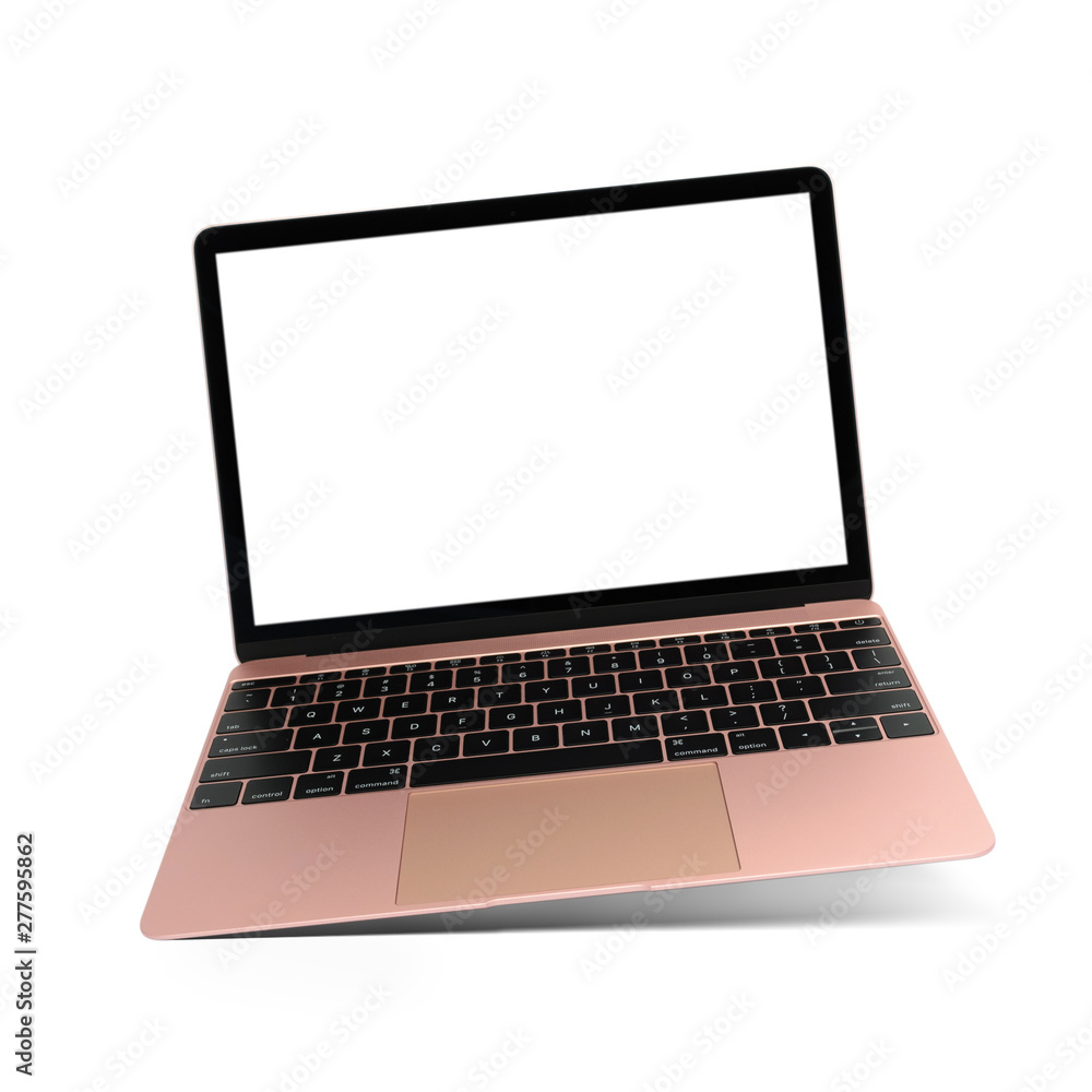 Hovering rose gold laptop with blank screen Hovering rose gold laptop with blank screen
