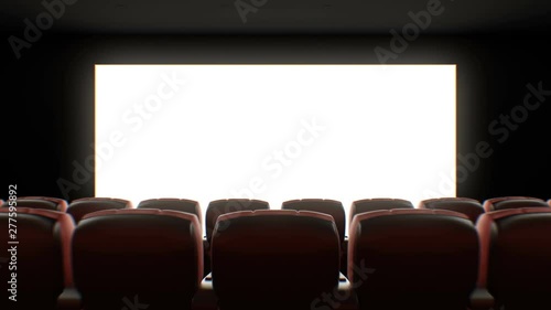 Beautiful Wide Screen in Cinema Hall. Moving Through Over the Seats. 3d Animation with Lights, Green Screen and Tracking Points. Art and Technology Concept. 4k Ultra HD 3840x2160