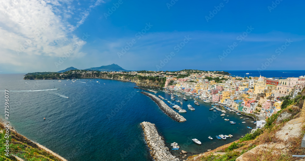 panoramic view of the Corricella, famous for its colorful houses, photographed from Terra Murata.
