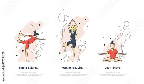 Web page template of Yoga School, Studio. Modern flat design concept of web page design for website and mobile website. Woman does yoga exercise, yoga pose. Vector illustration