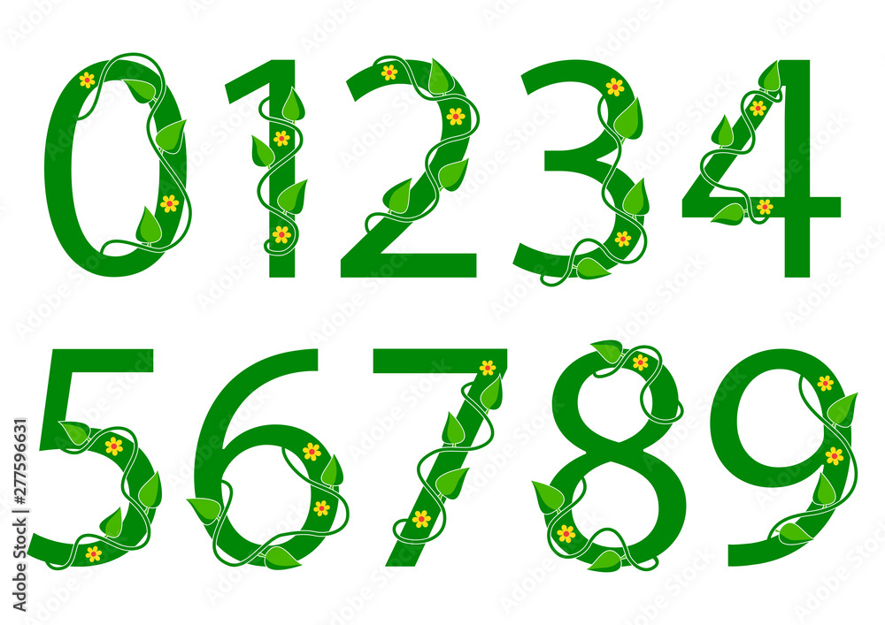 Green font numbers from 1 to 0 with leaves and flowers. Nature style. Vector illustration Green font numbers from 1 to 0 with leaves and flowers. Nature style. Vector illustration