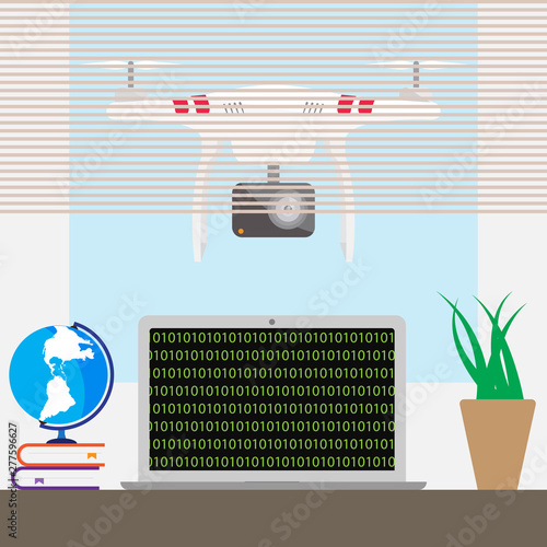 Drone hack concept. Quadcopter with action camera. Vector illustration.