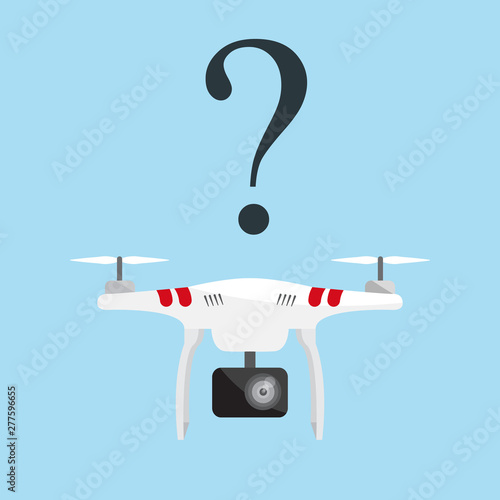 Drone question concept. Quadcopter with action camera. Vector illustration.