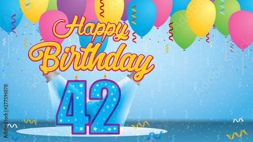 Happy Birthday 42 Greeting card. Blue candle lit in the form of a number being lit by two reflectors in a room with balloons floating with streamers and confetti falling to the floor. Vector image