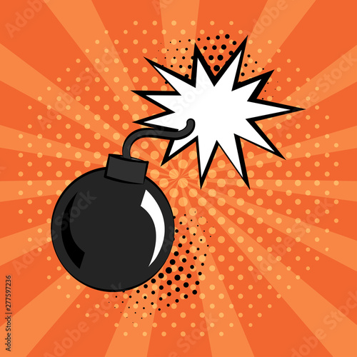 Comic bomb icon on orange background in pop art style. Vector illustration