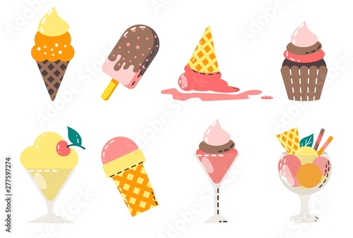 Collection of vector ice cream and sweet dessert illustrations isolated on white.