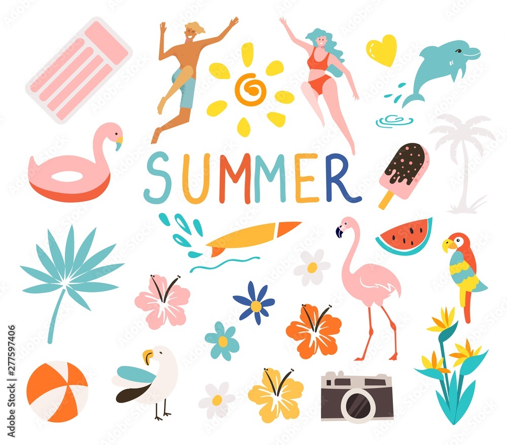 Set of vector cute summer icons: peoples swimming, flamingos, tropical flowers, ice cream, palm leaves, fruits and things for swimming at the beach . Bright summertime poster.