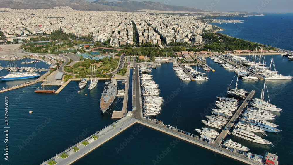 Aerial drone bird's eye top view photo of luxury yacht docked in Mediterranean destination port