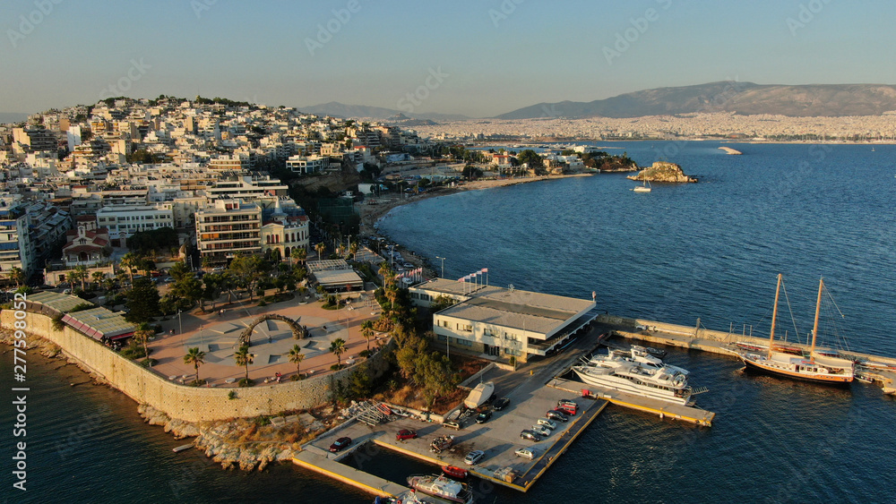 Fototapeta premium Aerial photo of famous picturesque area of Marina Zeas or Passalimani in the heart of Piraeus, Attica, Greece