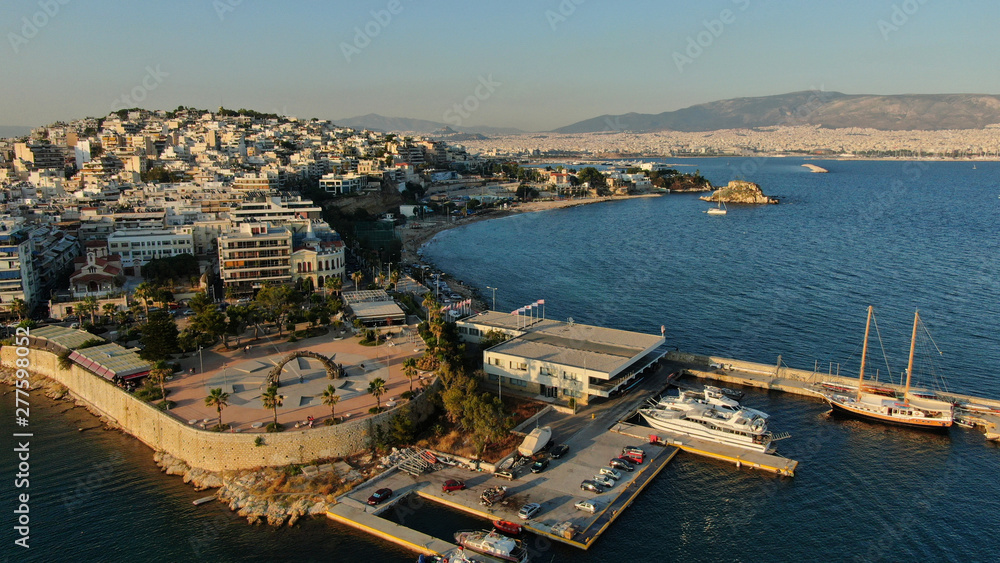 Aerial photo of famous picturesque area of Marina Zeas or Passalimani in the heart of Piraeus, Attica, Greece