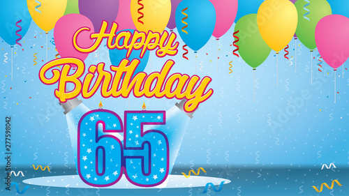 Happy Birthday 65 Greeting card. Blue candle lit in the form of a number being lit by two reflectors in a room with balloons floating with streamers and confetti falling to the floor. Vector image