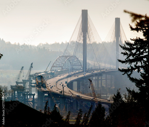 Canada, BC, Coquitlam.  Port Mann Bridges, old and new.
