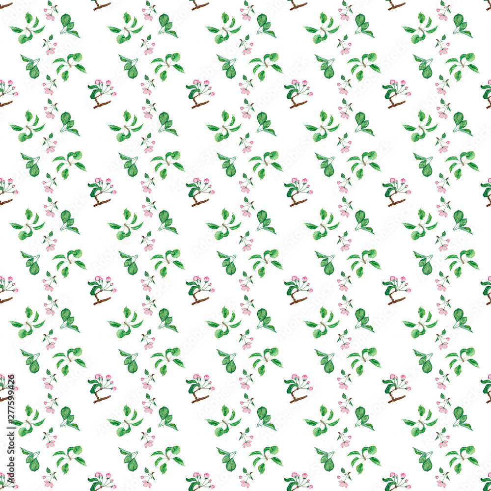 watercolor pattern of flowers and leaves of an apple tree watercolor pattern of flowers and leaves of an apple tree