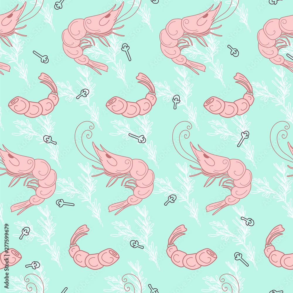 Shrimp and spices on a turquoise background. Seamless pattern for printing on fabric, paper. Vector.