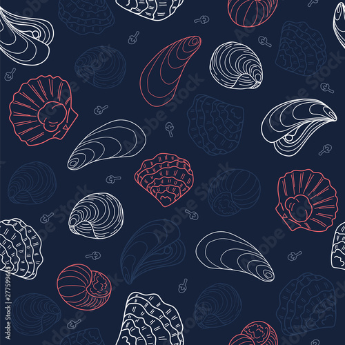 Mussels, oysters and snails on a blue background. Seamless pattern for printing on fabric, paper. Vector