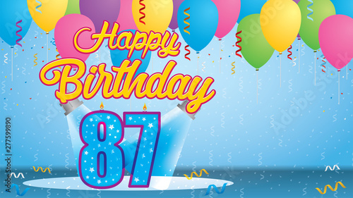 Happy Birthday 87 Greeting card. Blue candle lit in the form of a number being lit by two reflectors in a room with balloons floating with streamers and confetti falling to the floor. Vector image