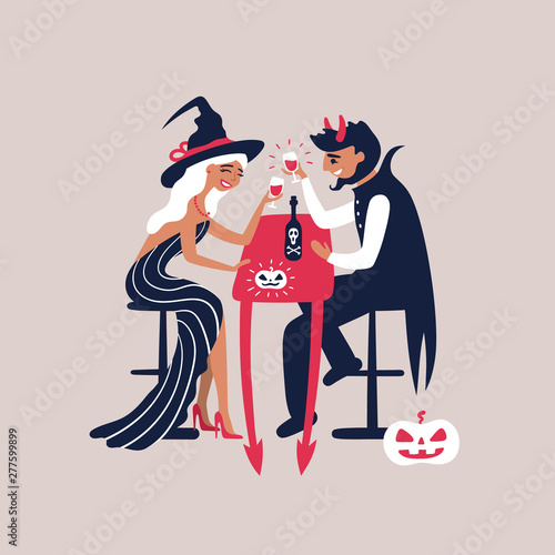 A young couple dressed in costumes for Halloween.