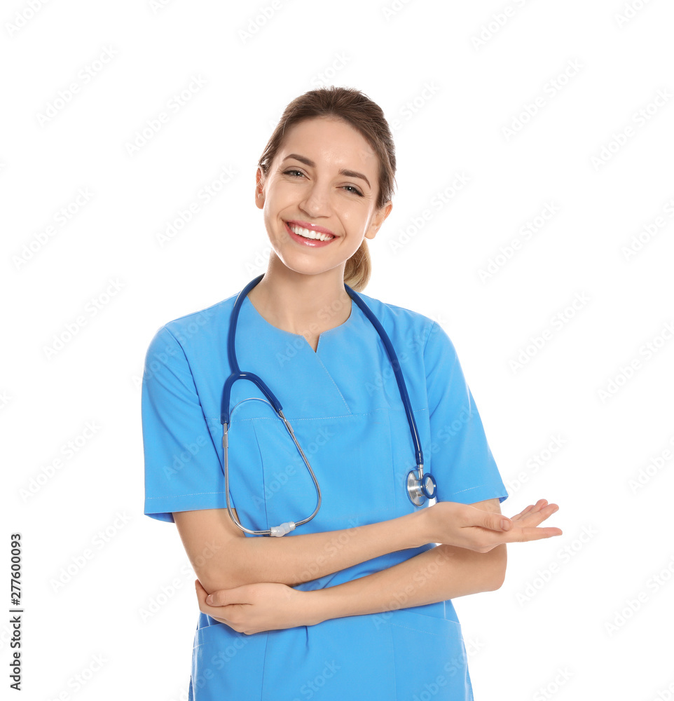 Portrait of medical doctor with stethoscope isolated on white Portrait of medical doctor with stethoscope isolated on white