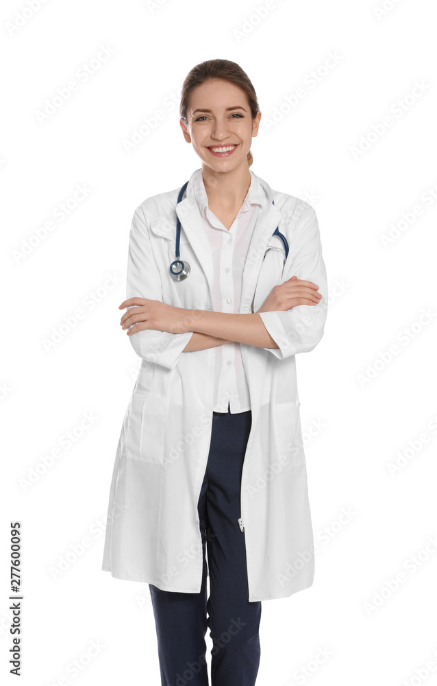 Portrait of medical doctor with stethoscope isolated on white Portrait of medical doctor with stethoscope isolated on white