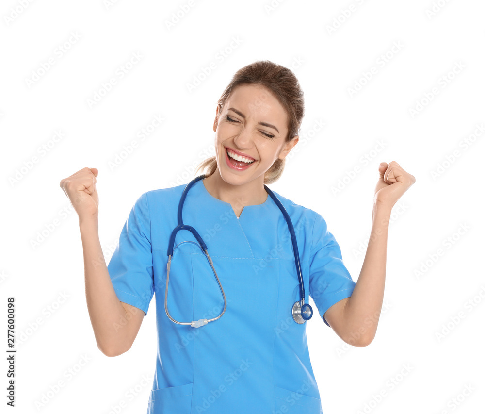 Portrait of emotional medical doctor with stethoscope isolated on white Portrait of emotional medical doctor with stethoscope isolated on white