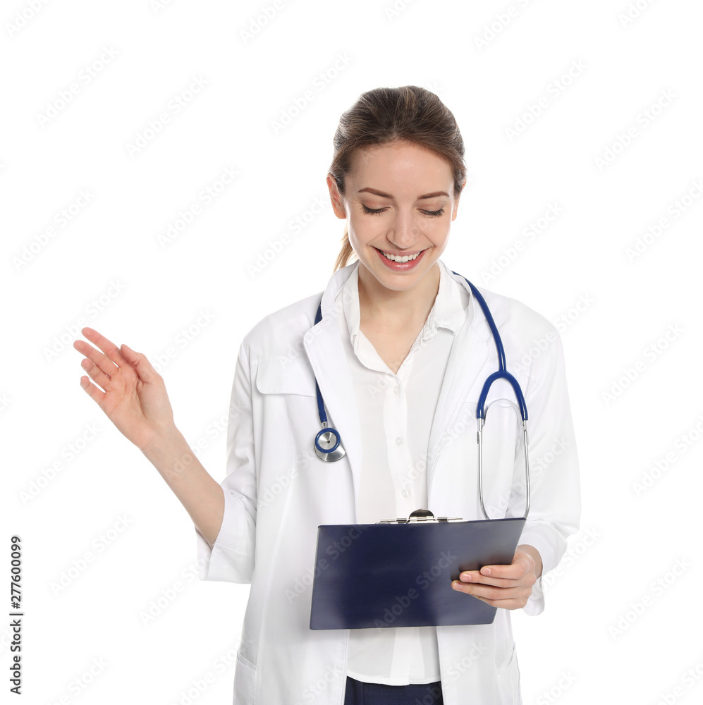 Portrait of medical doctor with clipboard and stethoscope isolated on white Portrait of medical doctor with clipboard and stethoscope isolated on white