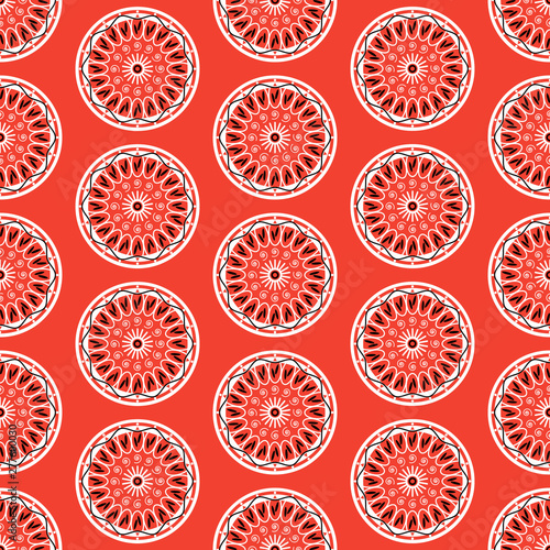 African flower seamless pattern. Abstract floral shapes on red background.