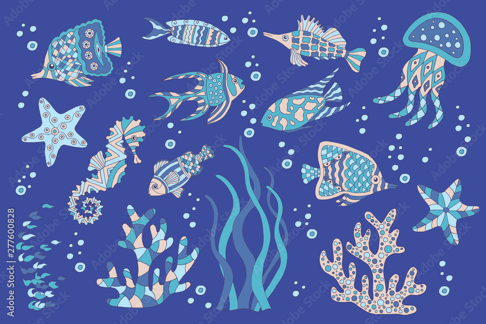 Hand-drawn set of sea fish Hand-drawn set of sea fish