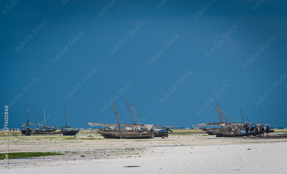Boats Beached Land Island Relax Sky Blue Background