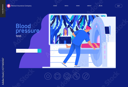 Medical tests Blue template - MRT - magnetic resonance tomography - modern flat vector concept digital illustration of MRI procedure - a patient in the scanner and doctor, medical office or laboratory
