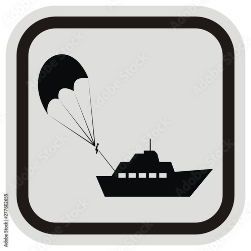 parasailing, black silhouette of parachute and boat at gray and black frame, vector 