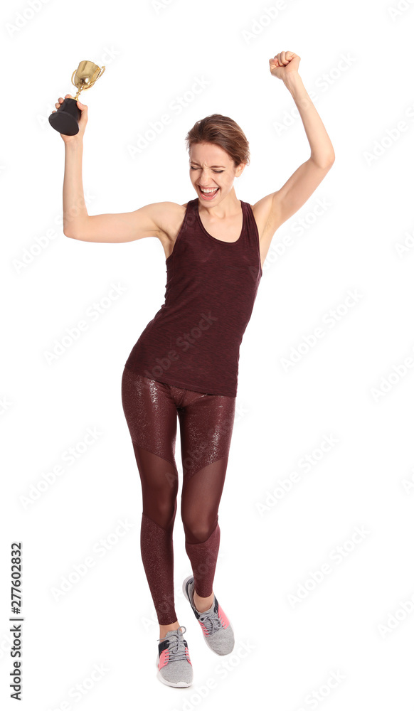 Full length portrait of happy young sportswoman with gold trophy cup on white background Full length portrait of happy young sportswoman with gold trophy cup on white background