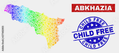 Tools Abkhazia map and blue Child Free grunge seal stamp. Spectrum gradient vector Abkhazia map mosaic of machinery elements. Blue rounded Child Free seal.