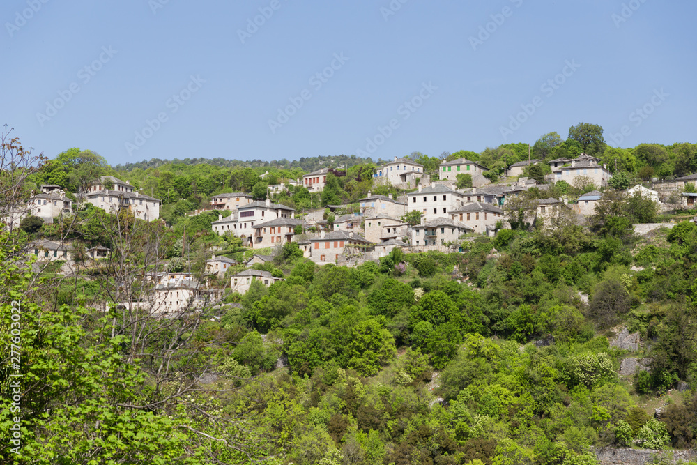 Ioannina village Vitsa in spring season old tranditional houses and green trees Ioannina village Vitsa in spring season old tranditional houses and green trees