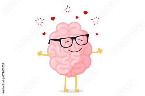 Cartoon smart happy brain character in glasses fall in love. Central nervous system organ romantic mascot funny vector illustration