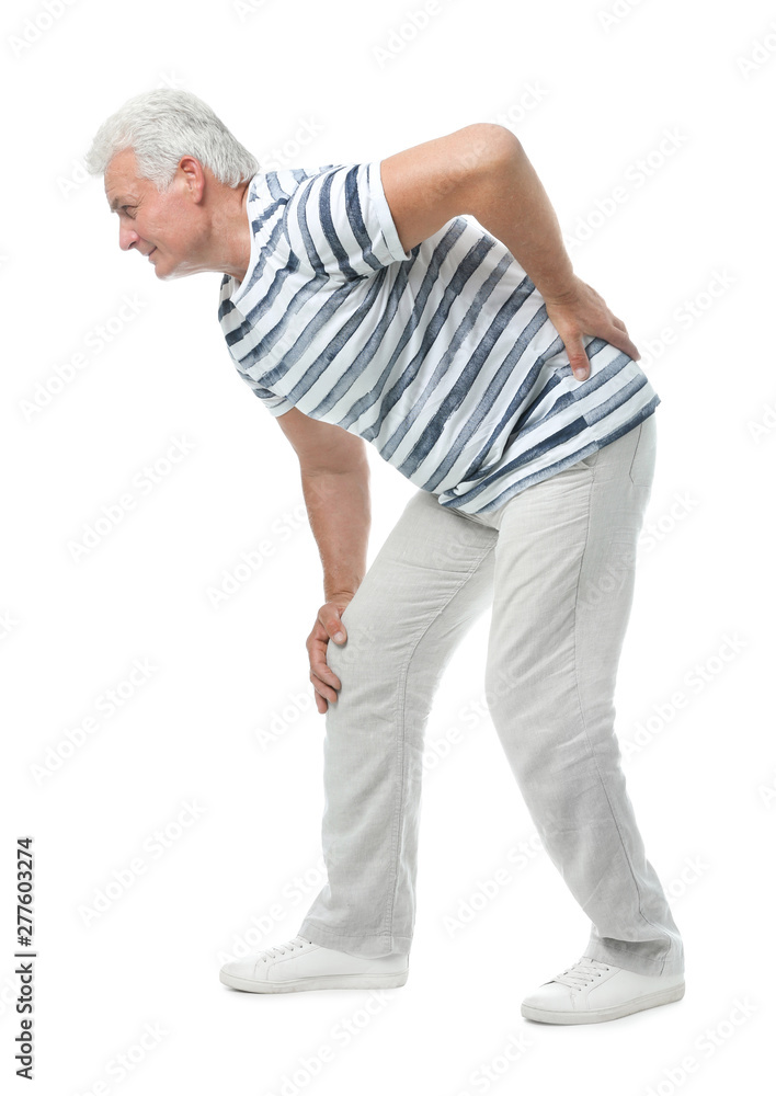 Full length portrait of senior man having knee problems on white background Full length portrait of senior man having knee problems on white background