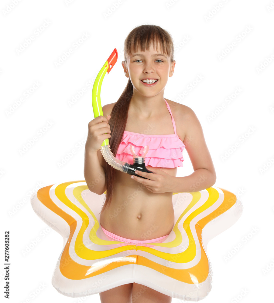 Cute little girl with bright inflatable ring on white background
