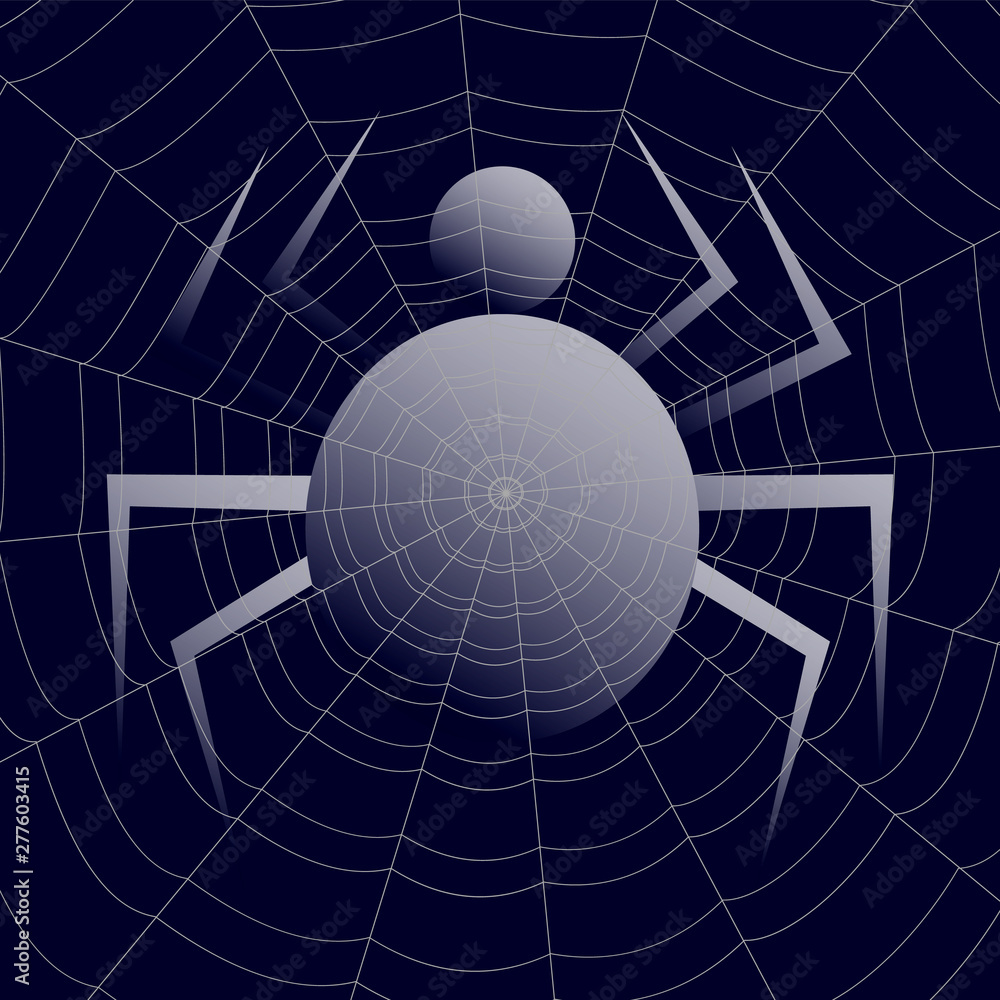 Obraz premium spider silhouette under the concentric cobweb on blue background