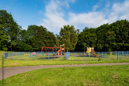Empty kids playground near Blackdam Ponds in Basingstoke in Hampshire in England. Corona virus lockdown. 
