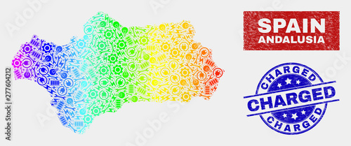 Productivity Andalusia Province map and blue Charged textured seal stamp. Spectrum gradient vector Andalusia Province map mosaic of service units. Blue round Charged seal.