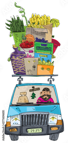 A cute classic european car with a roof trunk full of farmer foods. Cartoon. Caricature.