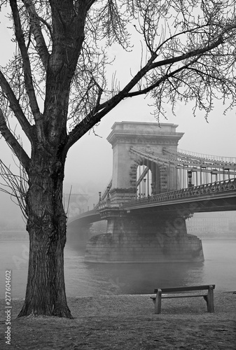 Photography Danube river and Szechenyi chain bridge, Budapest, Hungary.