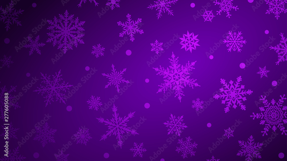 Christmas background with various complex big and small snowflakes in purple colors
