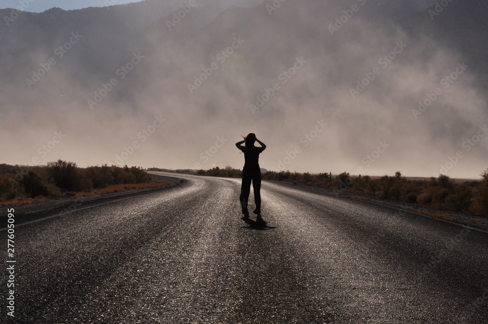 Silhouette Woman Road Wind Dust Desert Backlit