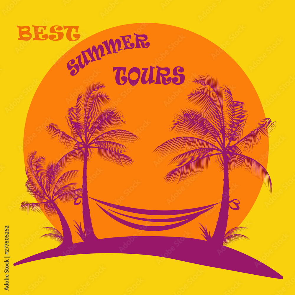 Hammock between palms magenta silhouette best summer tours vector illustration