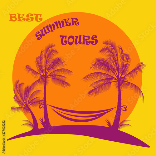 Hammock between palms magenta silhouette best summer tours vector illustration © Adel