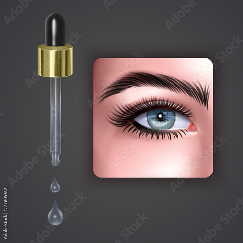 Drops for eyes, eyes tired and after instilling drops, Realistic Eye drops in glass vial with pipette, 3d vector illustration
