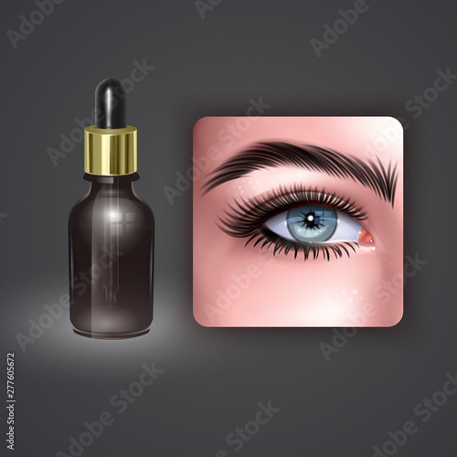 Drops for eyes, eyes tired and after instilling drops, Realistic Eye drops in glass vial with pipette, 3d vector illustration