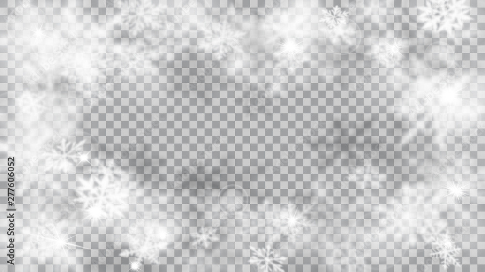 Christmas blurred illustration with frame of complex defocused big and small snowflakes in white and gray colors with bokeh effect on transparent background Christmas blurred illustration with frame of complex defocused big and small snowflakes in white and gray colors with bokeh effect on transparent background