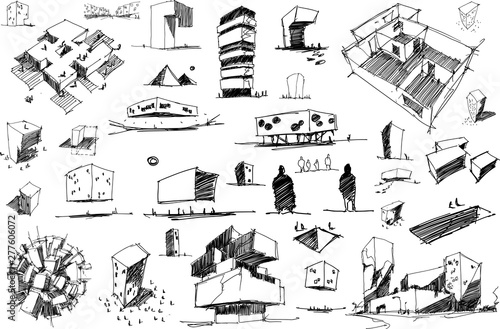 many hand drawn architectectural sketches of a modern abstract architecture nad geometric objects and urban ideas and drafts