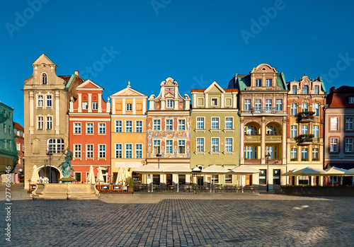 Colorful renaissance facades of old buildings on the Maket square in Poznan